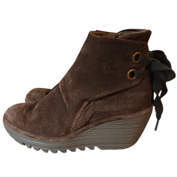 Fly London Yebi Brown Suede Slip on Booties Wedge Ankle Boots Size 8 - Picture 5 of 12